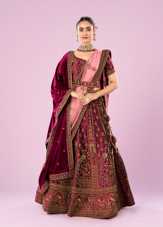 Wine Velvet Bridal Lehenga Set