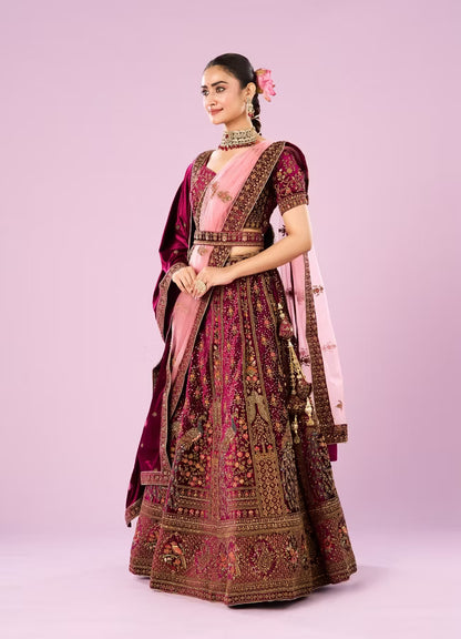 Wine Velvet Bridal Lehenga Set