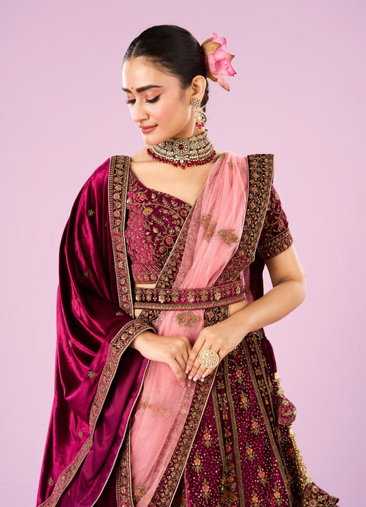 Wine Velvet Bridal Lehenga Set