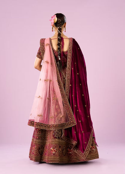 Wine Velvet Bridal Lehenga Set
