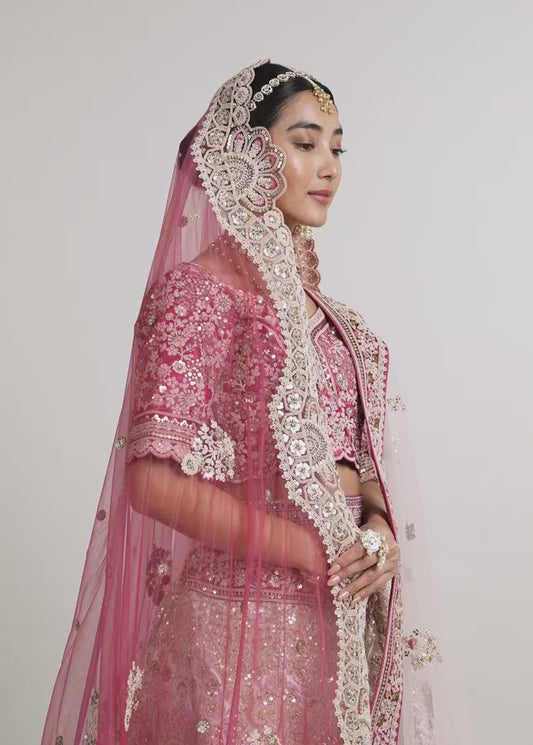 Exquisite Dusty Light Pink Velvet Bridal Lehenga with Embroidery