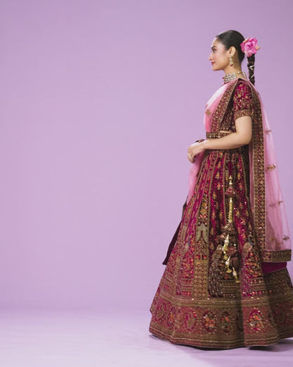 Wine Velvet Bridal Lehenga Set