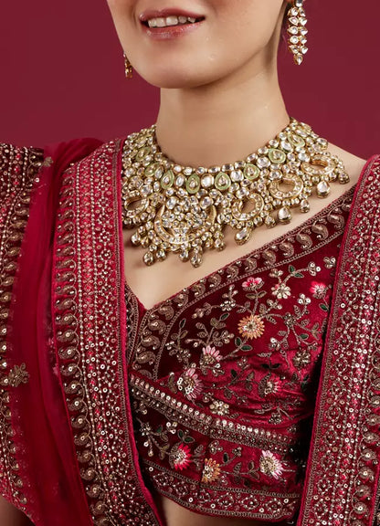 Maroon Floral Aari Embroidered Bridal Lehenga