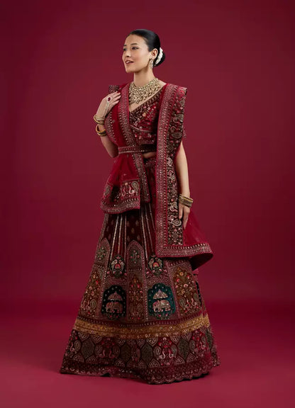 Maroon Floral Aari Embroidered Bridal Lehenga