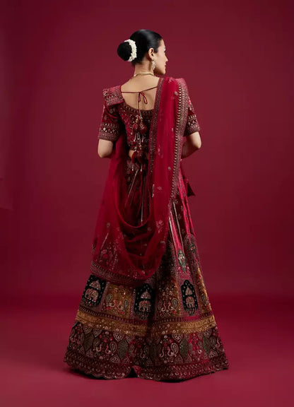 Maroon Floral Aari Embroidered Bridal Lehenga