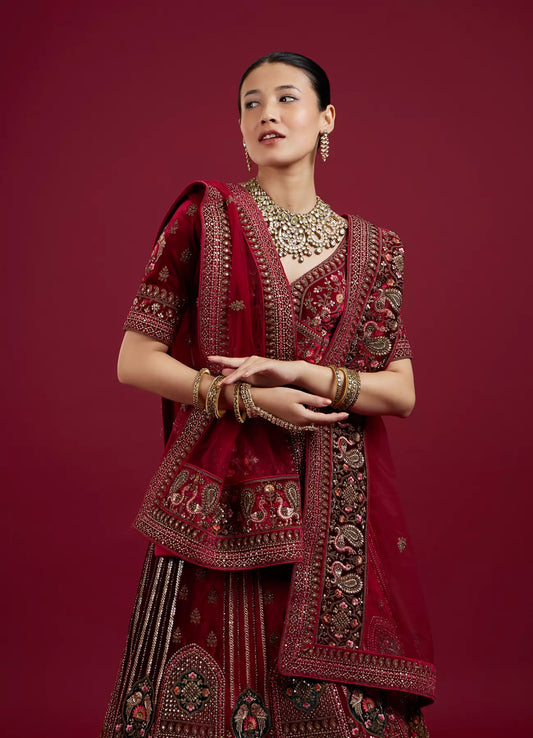 Maroon Floral Aari Embroidered Bridal Lehenga