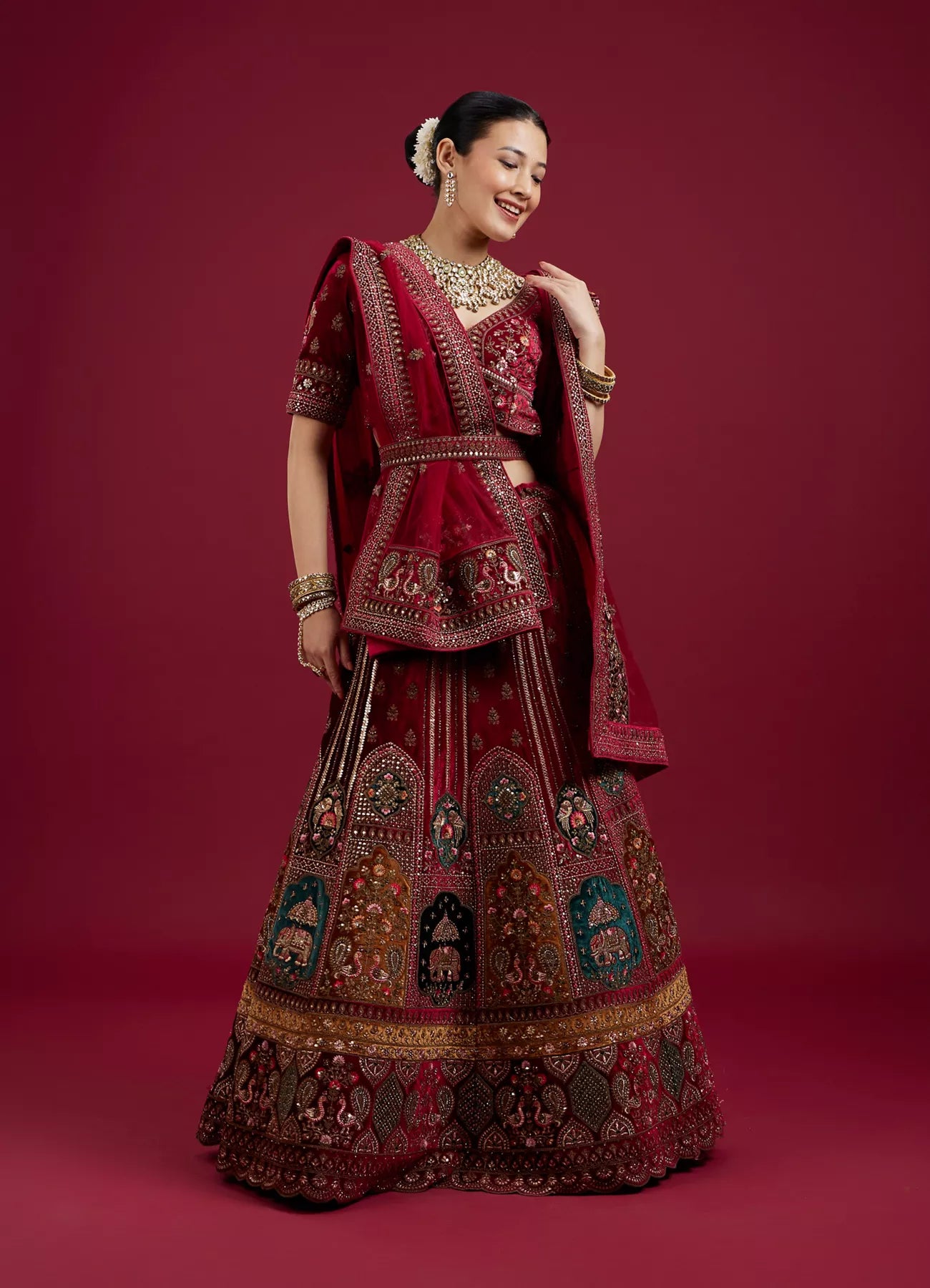 Maroon Floral Aari Embroidered Bridal Lehenga