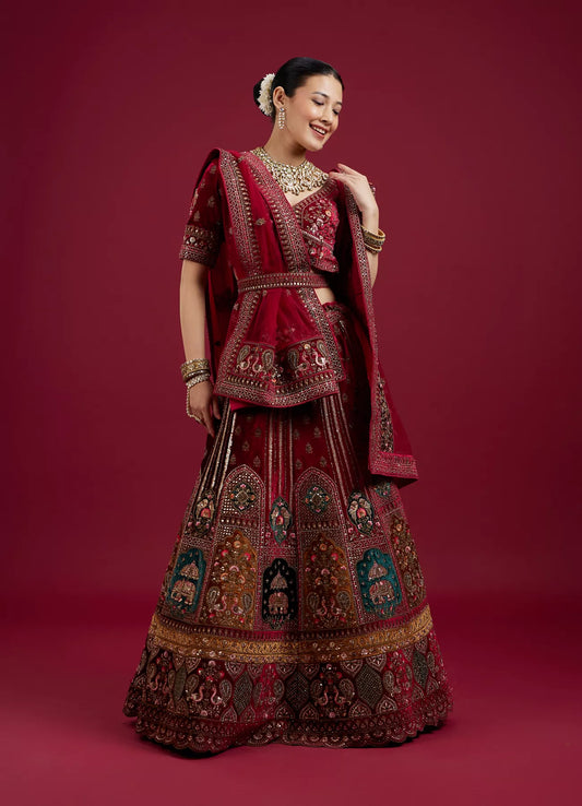 Maroon Floral Aari Embroidered Bridal Lehenga